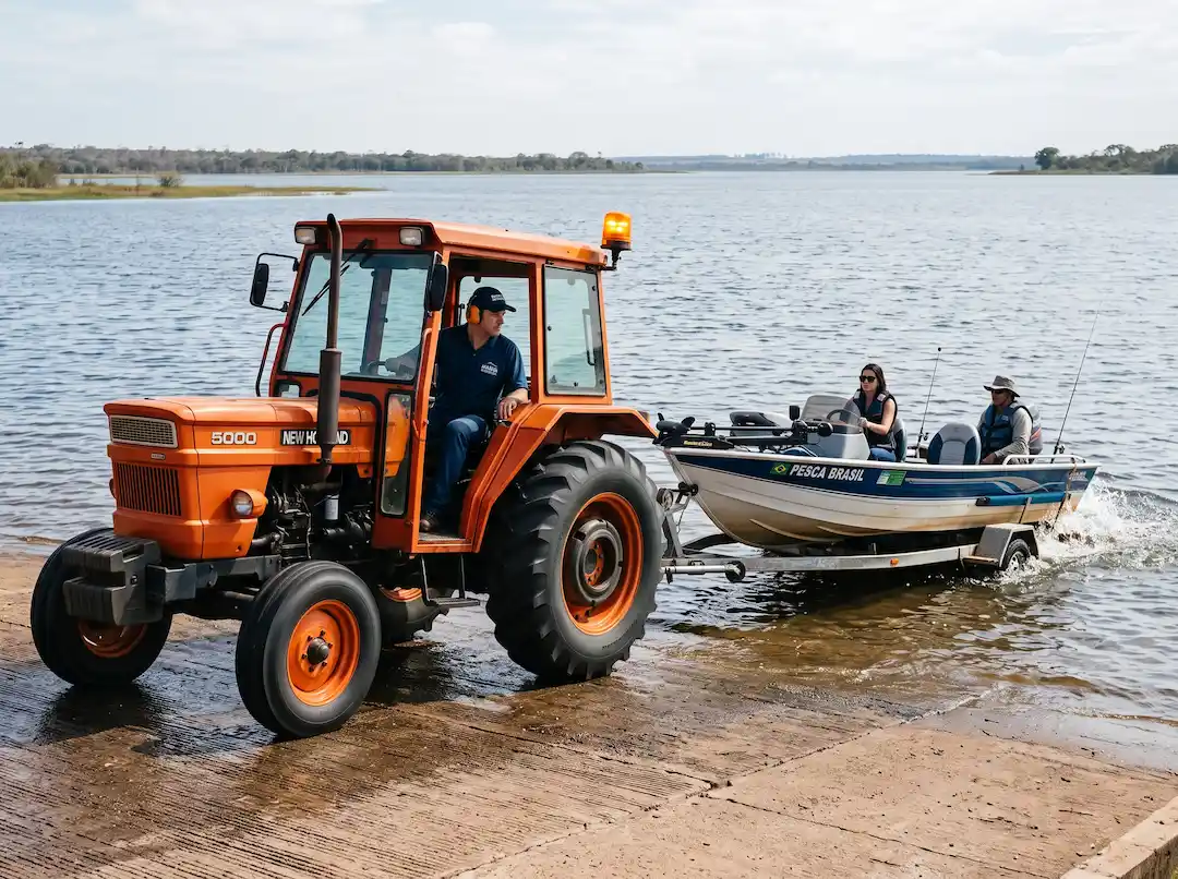 Trator descendo uma lancha na rampa do Guarda Barcos Ypê, com duas pessoas já a bordo, no Lago Corumbá em Caldas Novas